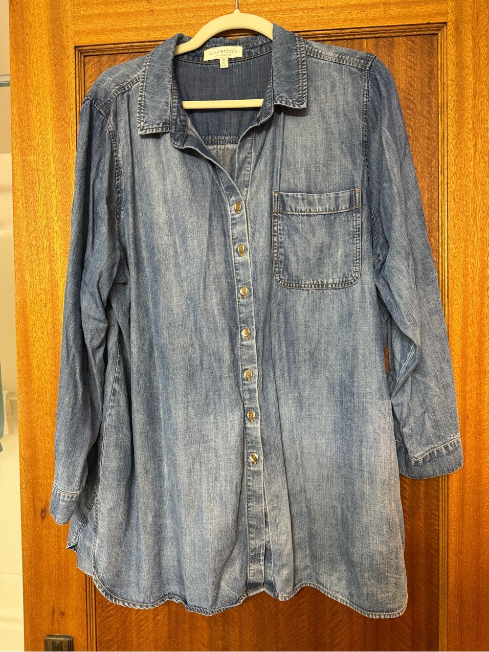 Side Stitch Denim Button Up Shirt - size Petite XL